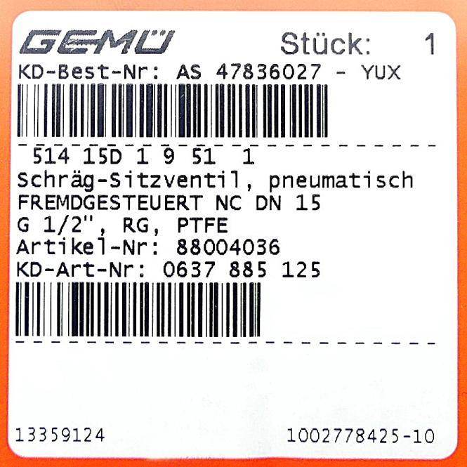 GEMÜ 2/2 Wege-Schrägsitzventil G 1/2 514 15D 1 9 51 1 (88004036)