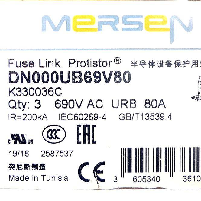 Mersen 3 Stück (1 Verpackungseinheit) Hochgeschwindigkeits-Sicherungseinsatz (DN000UB69V80)