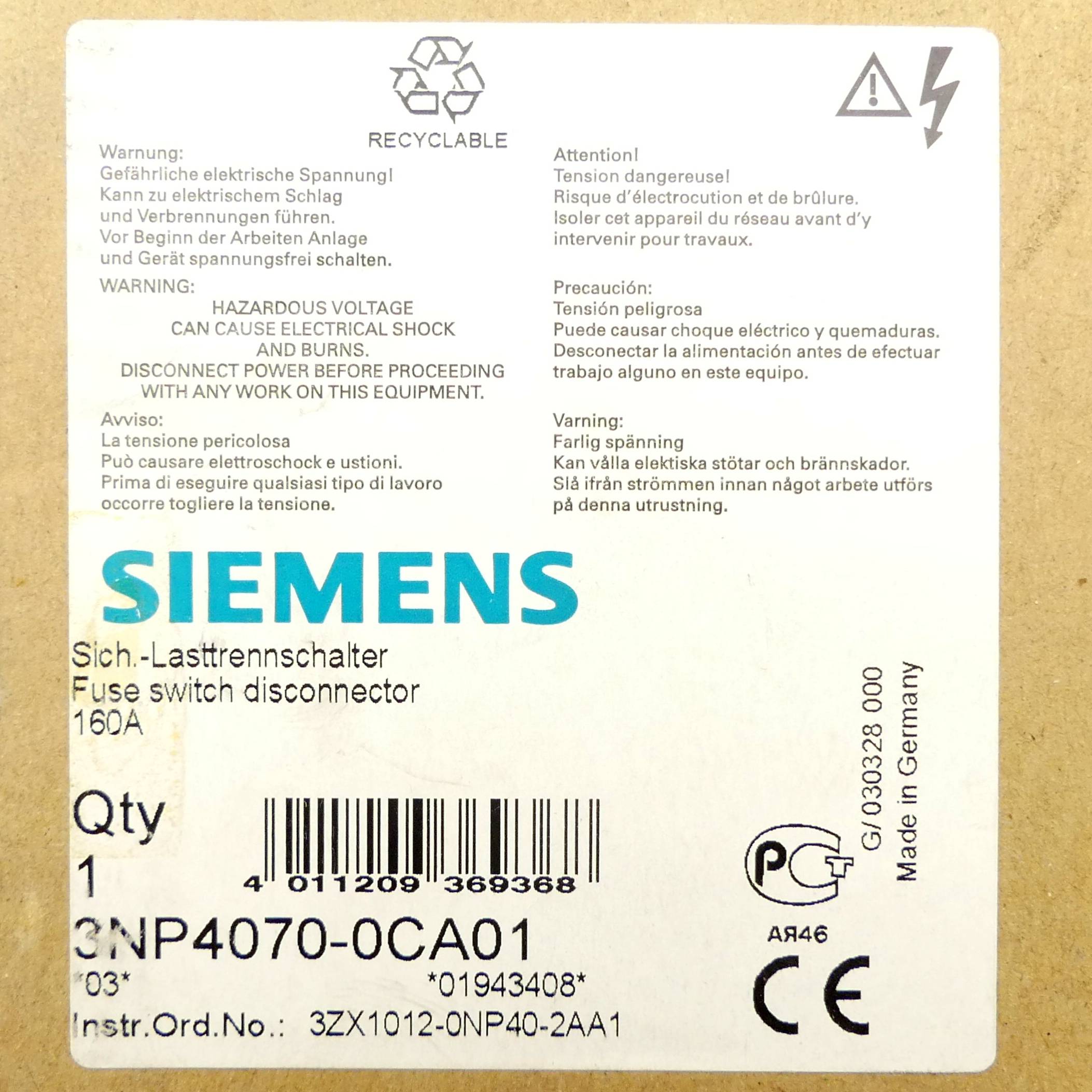 Siemens Sicherungslasttrennschalter (3NP4070-0CA01)