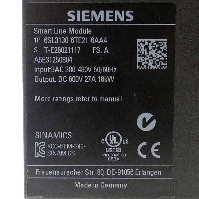 Siemens SINAMICS S120 Smart Line Module (F-State A) (6SL3130-6TE21-6AA4)