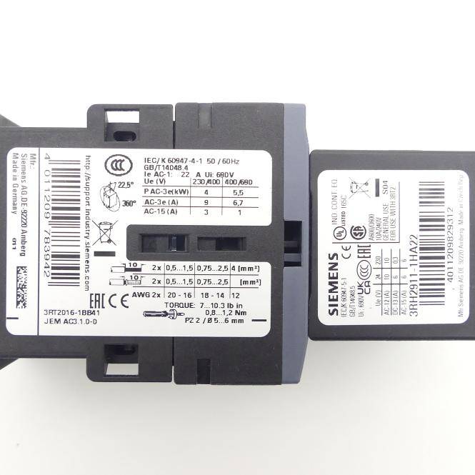 Siemens Leistungsschütz + Hilfsschalter (3RT2016-1BB41 + 3RH2911-1HA22)