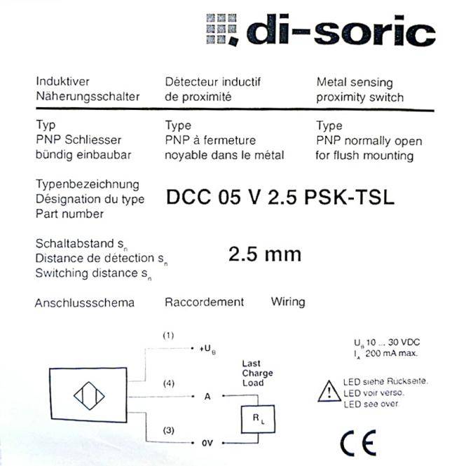 di-soric Induktiver Näherungssensor DCC 05 V 2.5 PSK-TSL (DCC 05 V 2.5 PSK-TSL)