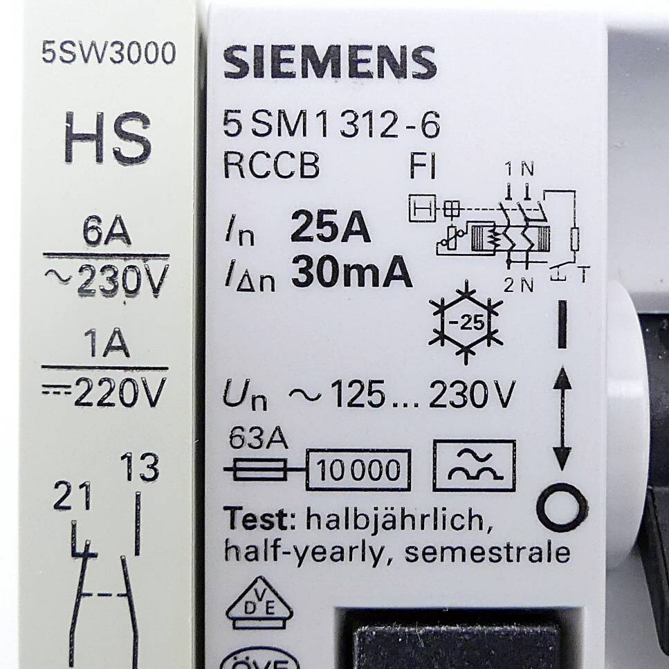 Siemens 5SM1 312-6 FI-Schutzschalter + 5SW3 000 Hilfsschalter 1NO/1NC (5SM1 312-6, 5SW3 000)