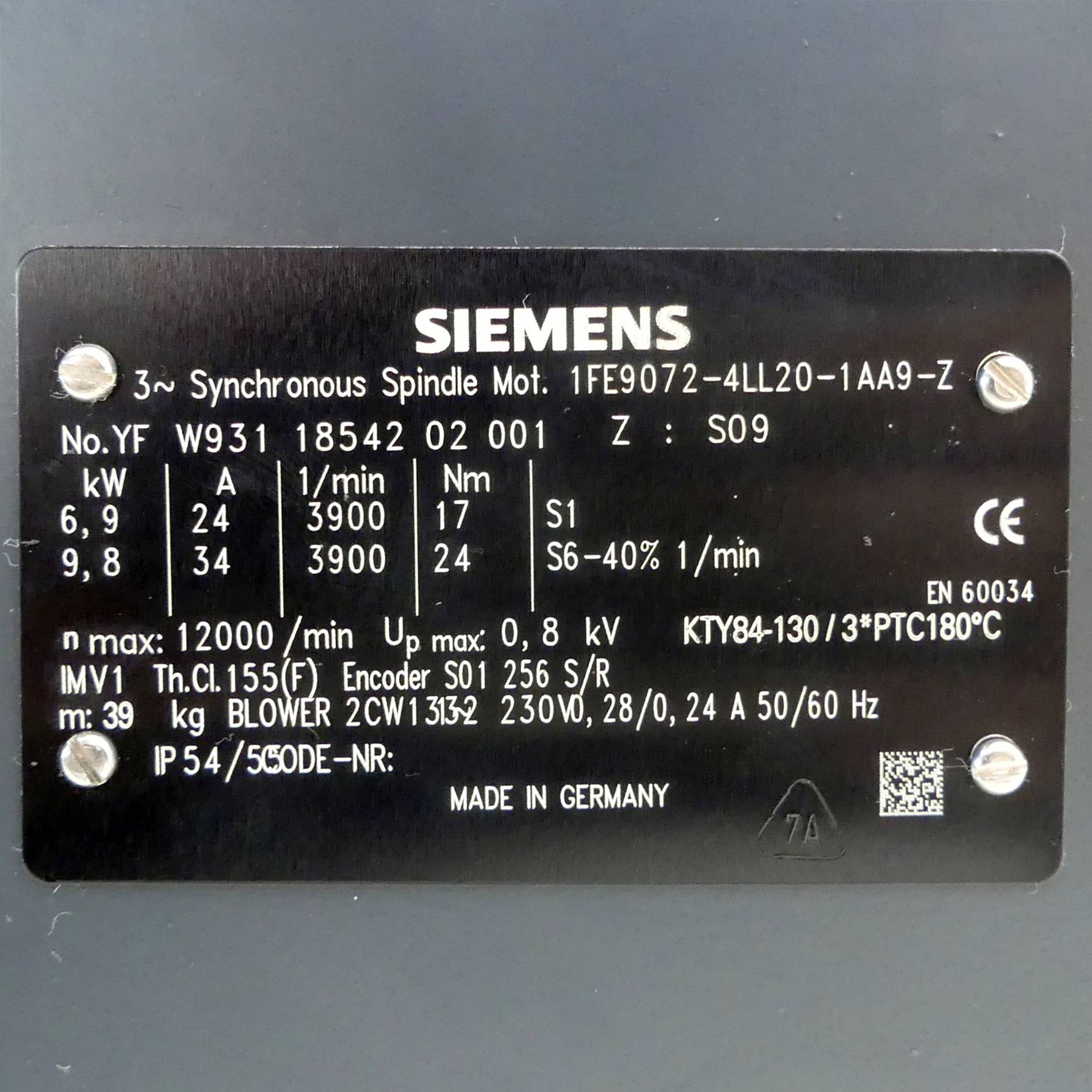 Siemens Synchron Spindelmotor (1FE9072-4LL20-1AA9-Z)