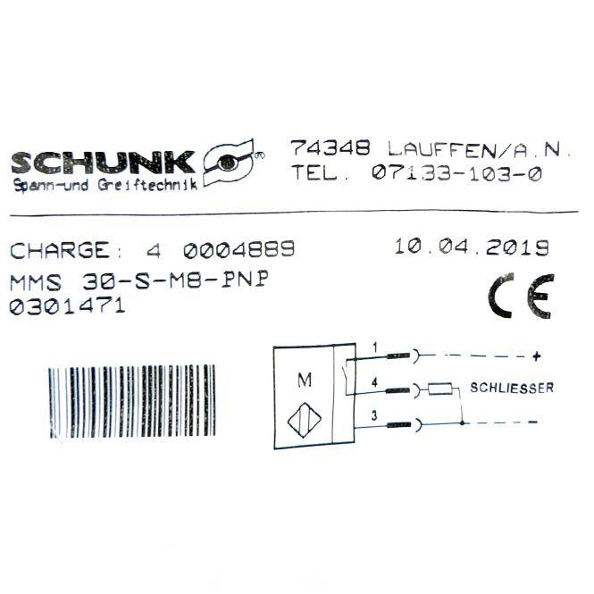 Produktetikett für einen SCHUNK-Sensor mit Chargennummer 4 0004889, Modell MMS 30-S-M8-PNP, Datum 10.04.2019, Barcode und Schaltschema.
