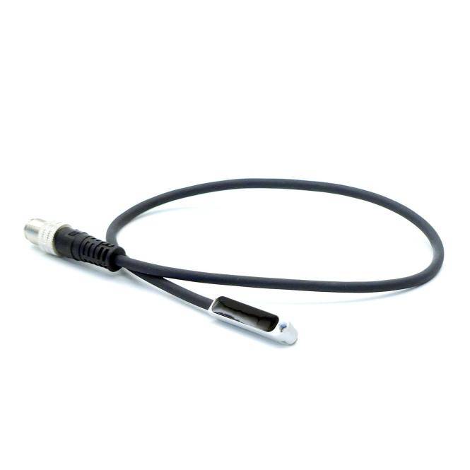Schwarzes Kabel mit Metallverbindern auf weißem Hintergrund.