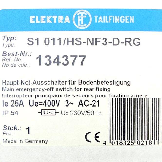 Elektra Haupt-Not-Ausschalter für Bodenbestigung S1 011/HS-NF3-D-RG (134377)