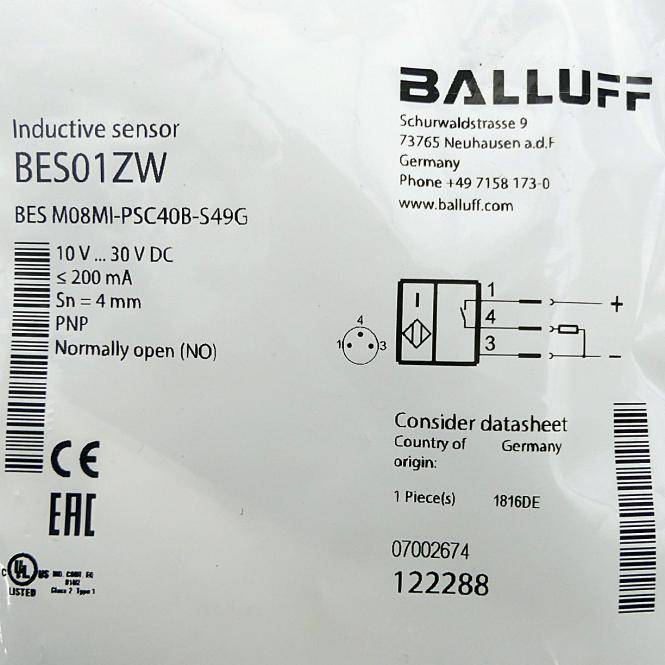 Balluff Induktivgeber-Etikett für Modell BES01ZW/BES M08MI-PSC40B-S49G, 10–30 V DC, ≤200 mA, Sn 4 mm, PNP, Öffner, mit Schaltplan und Teilenummern.