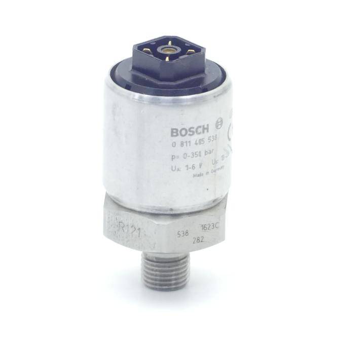 Bosch zylindrischer Drucksensor mit Gewinde-Metallbasis und elektrischem Anschluss oben, isoliert auf weißem Hintergrund dargestellt.