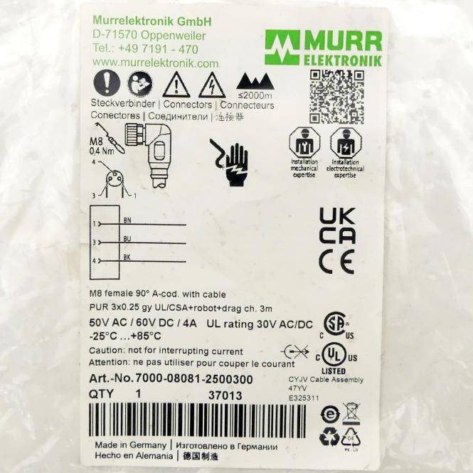 Murrelektronik M8 Bu. 90° A-kod. freies Ltg-ende (7000-08081-2500300)