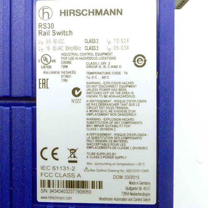 Hirschmann Industrieller Ethernet-Rail-Switch RS30 RS30-0802O6O6SDAPHH09.0.00 (RS30-0802O6O6SDAPHH09.0.00)