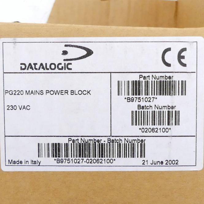 Produktetikett für Datalogic PG220 Netzteil, 230 VAC, mit Artikelnummer B9751027 und Chargennummer 02062100, hergestellt in Italien.