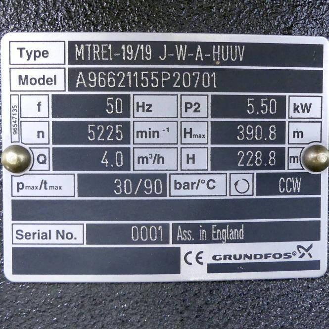 Grundfos Kreiselpumpe A96621155P20701 (MTRE1-19/19 J-W-A-HUUV)