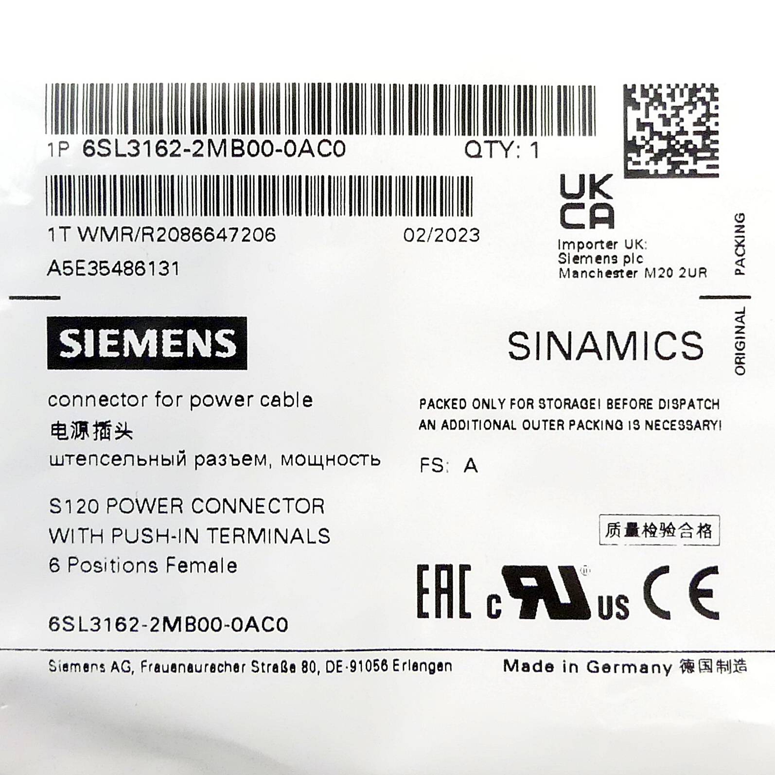 Siemens Leistungsstecker SINAMICS S120 (6SL3162-2MB00-0AC0 )