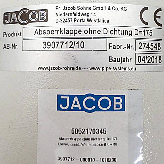 JACOB Absperrklappe ohne Dichtung D = 175, pneumatisch betätigt mittels Drehantrieb (3907712-000010-1016230)
