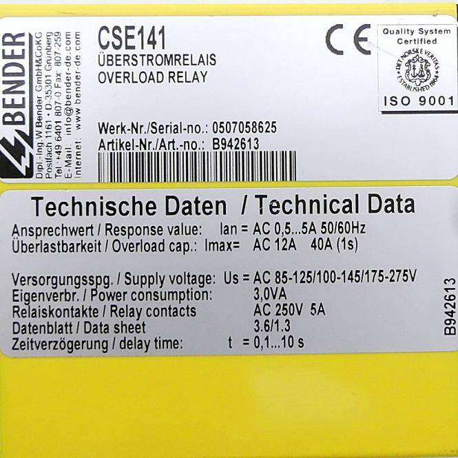 BENDER CSE141 Überstromrelais (B942613)