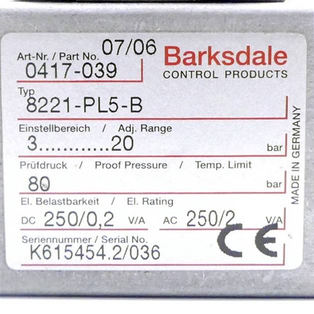 Barksdale Druckschalter 08221-PL5-B (0417-039)
