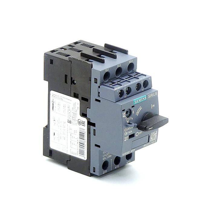 Siemens SIRIUS elektrischer Motorstarter oder Leistungsschalter mit Drehschalter zum Ein-/Ausschalten, dargestellt auf weißem Hintergrund.