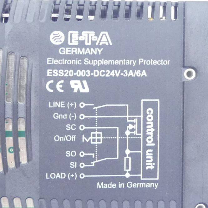 # Kennzeichnung eines ETA Deutschland Elektronischen Zusatzschutzes, Modell ESS20-003-DC24V-3A/6A, mit Schaltplan und Anschlüssen für Leitung, Masse, Steuereinheit, Ein/Aus und Last.