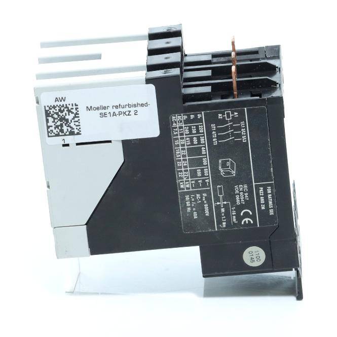 Nahaufnahme eines überholten Moeller-Elektroschalters/Moduls mit Modellbezeichnung „SE1A-PKZ 2" und technischen Spezifikationsmarkierungen.