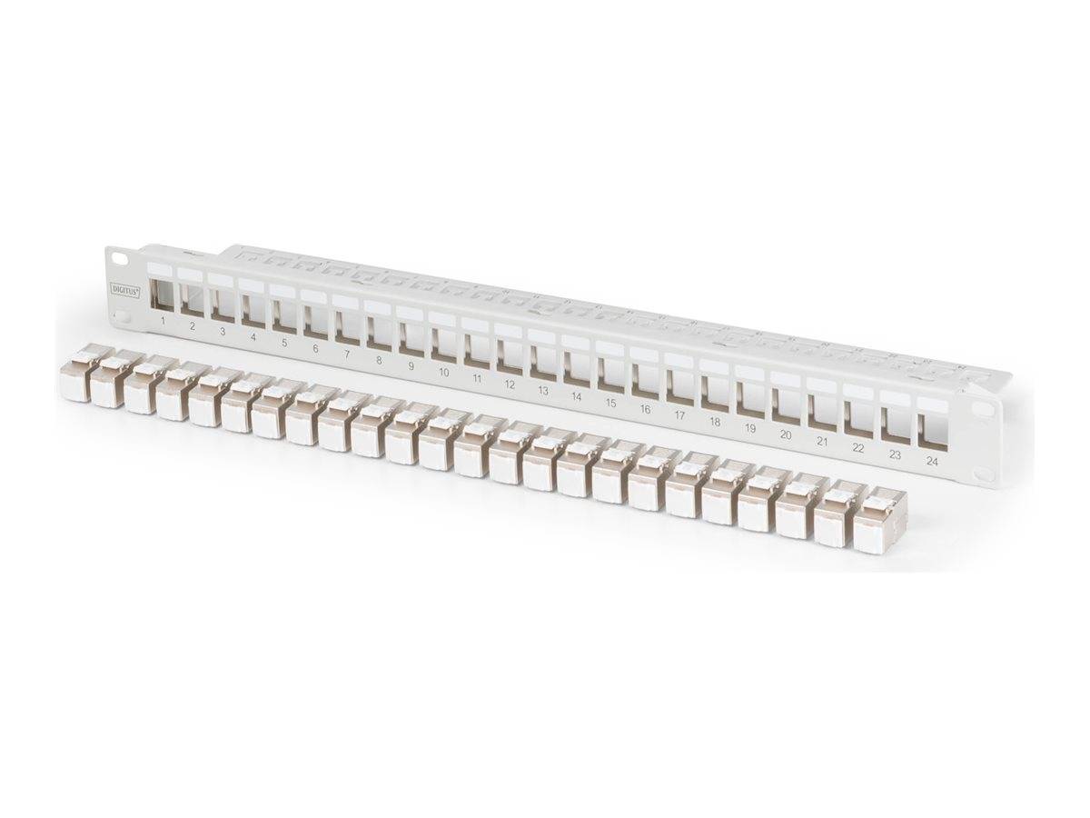 Ein weißes Patchpanel mit 24 nummerierten Anschlüssen, das zur Organisation und Verbindung von Netzwerkkabeln in Rechenzentren oder IT-Umgebungen verwendet wird.