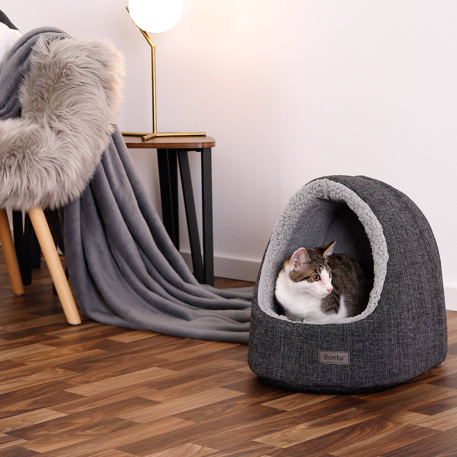 lionto Katzenhöhle, weiche Kuschelliege aus Oxford-Stoff mit herausnehmbarer Polsterung & Anti-Rutsch-Boden, dunkelgrau