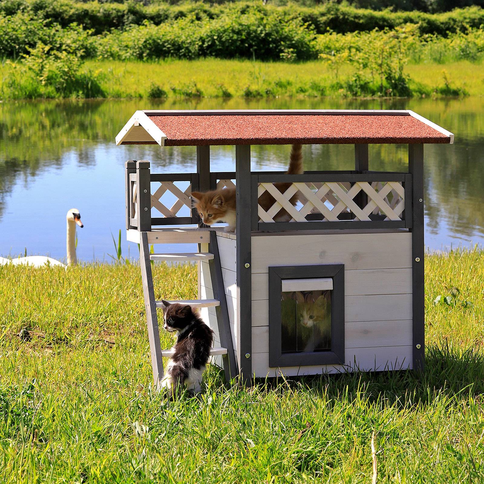 lionto Katzenhaus, Outdoor-Holzhaus mit überdachter Veranda & Windschutz-Lamellen, wetterfest & robust, grau-weiß