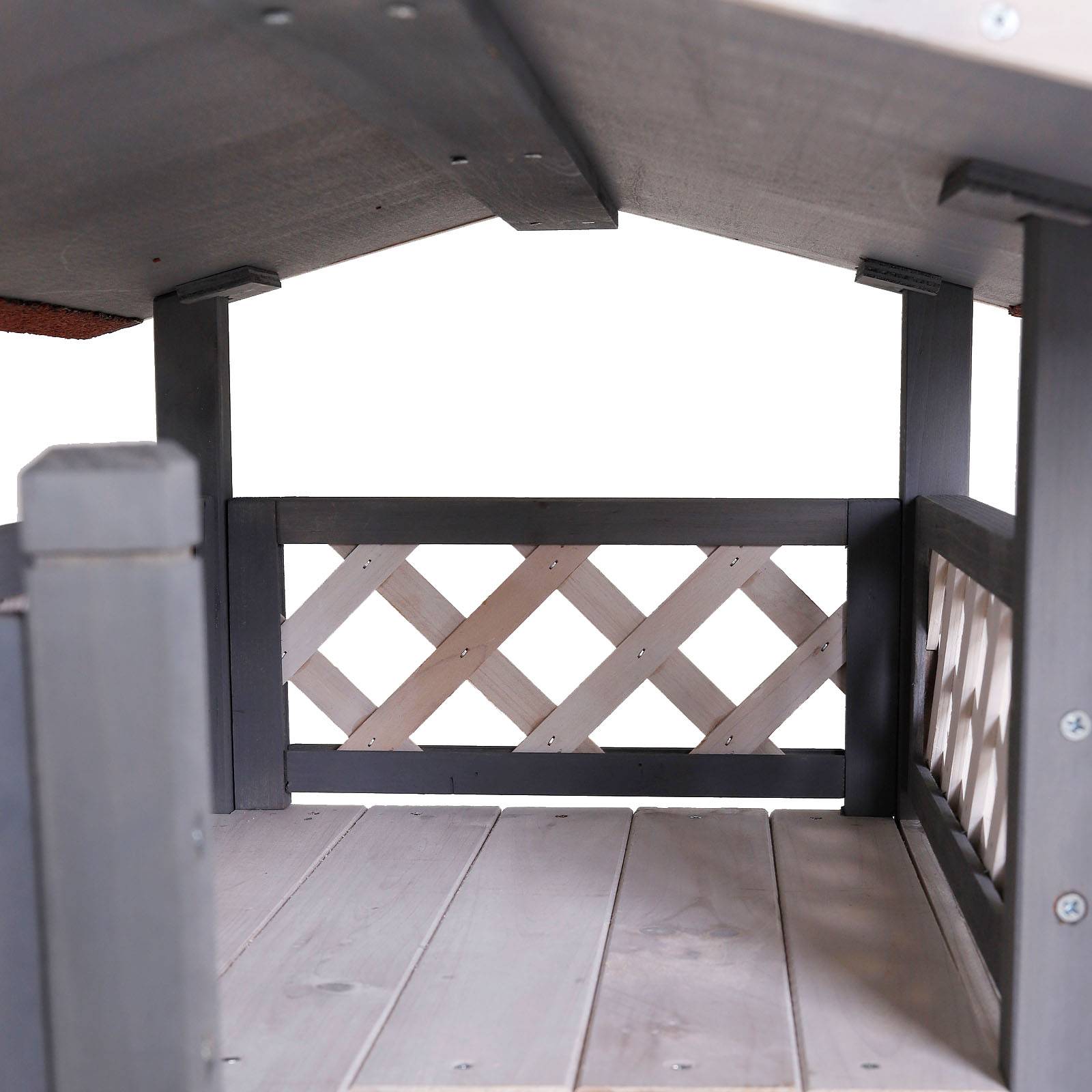 lionto Katzenhaus, Outdoor-Holzhaus mit überdachter Veranda & Windschutz-Lamellen, wetterfest & robust, grau-weiß