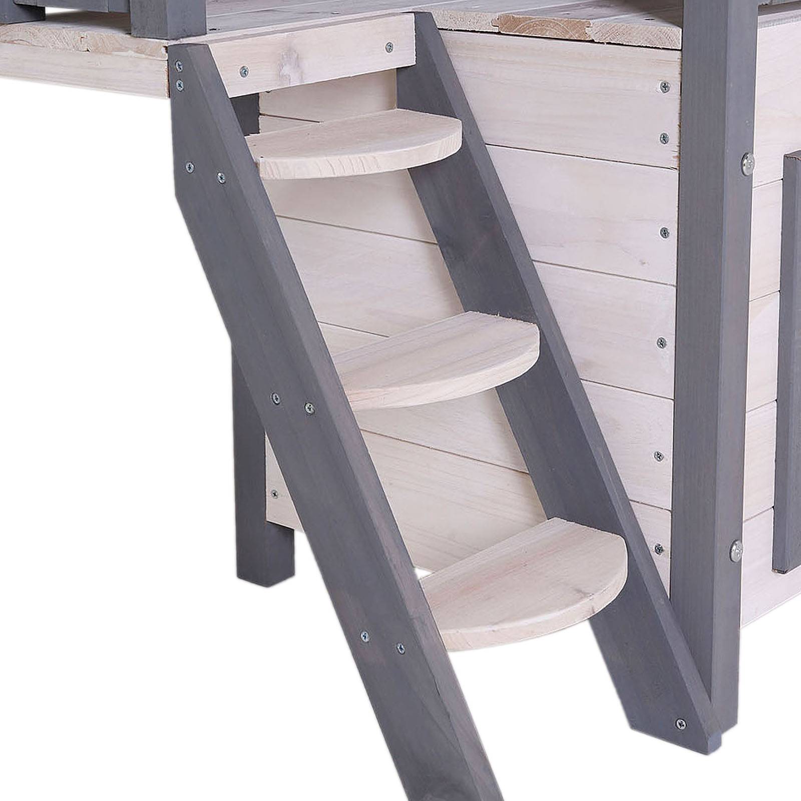 lionto Katzenhaus, Outdoor-Holzhaus mit überdachter Veranda & Windschutz-Lamellen, wetterfest & robust, grau-weiß