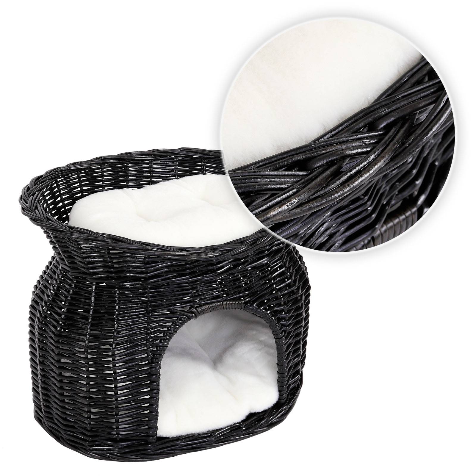 lionto Katzenkorb, Weidenkorb mit Höhle & Liegedach, inklusive 2 Kissen, stabil & nachhaltig, 55x39x43 cm, schwarz
