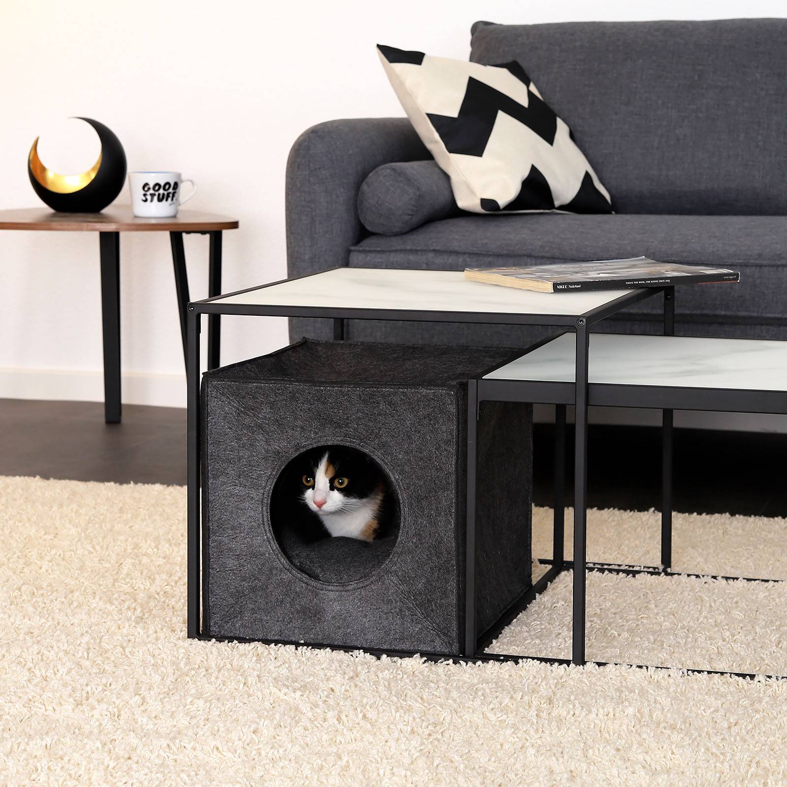 lionto Katzenhöhle, Regaleinsatz & Katzenbett in einem, aus robustem Filz mit weichem Kissen, 33x37x33 cm, dunkelgrau