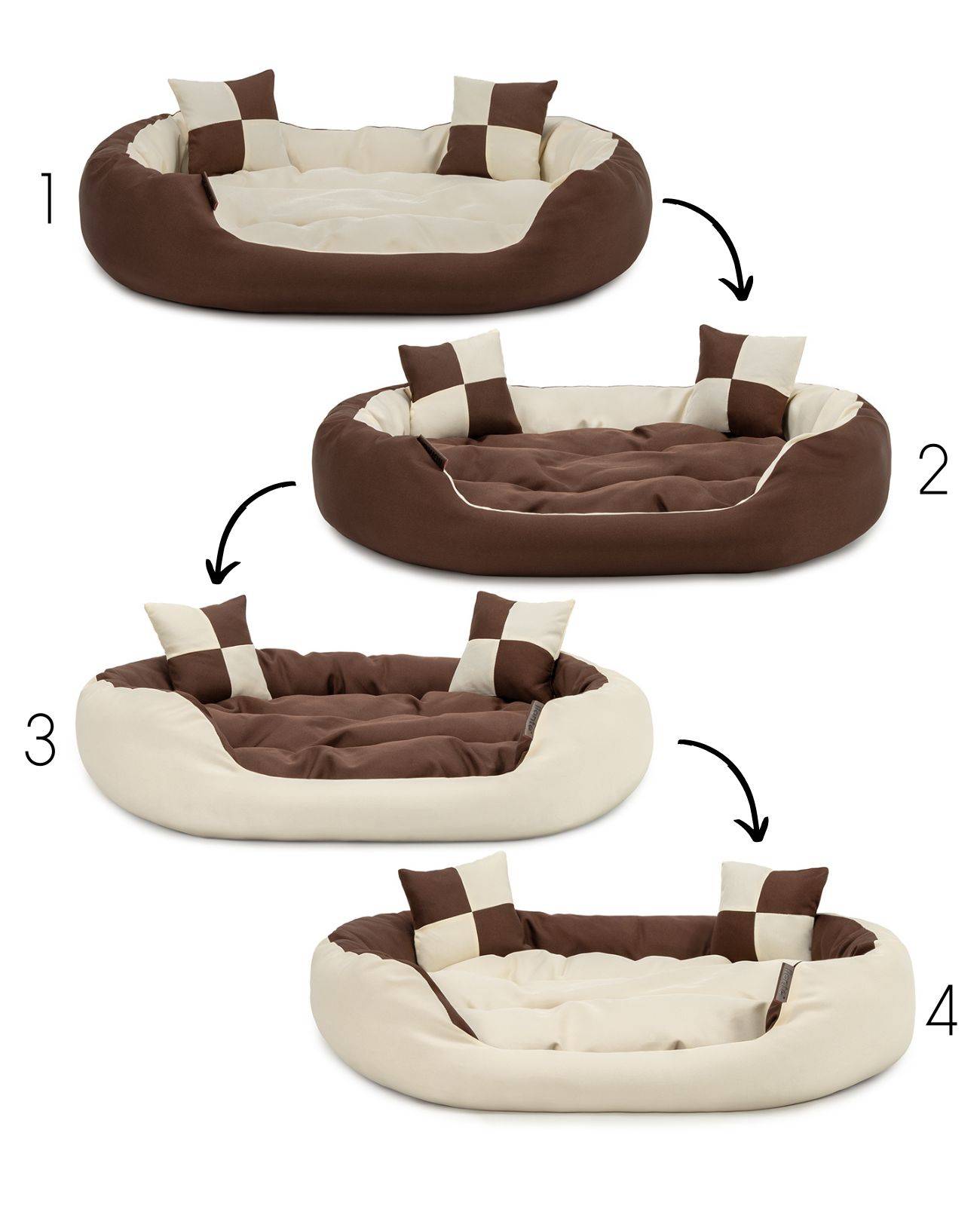 lionto Hundebett, stilvolles 4-in-1 Hundekörbchen, wasserabweisend, kratzfest & pflegeleicht, 65x50 cm, braun/beige