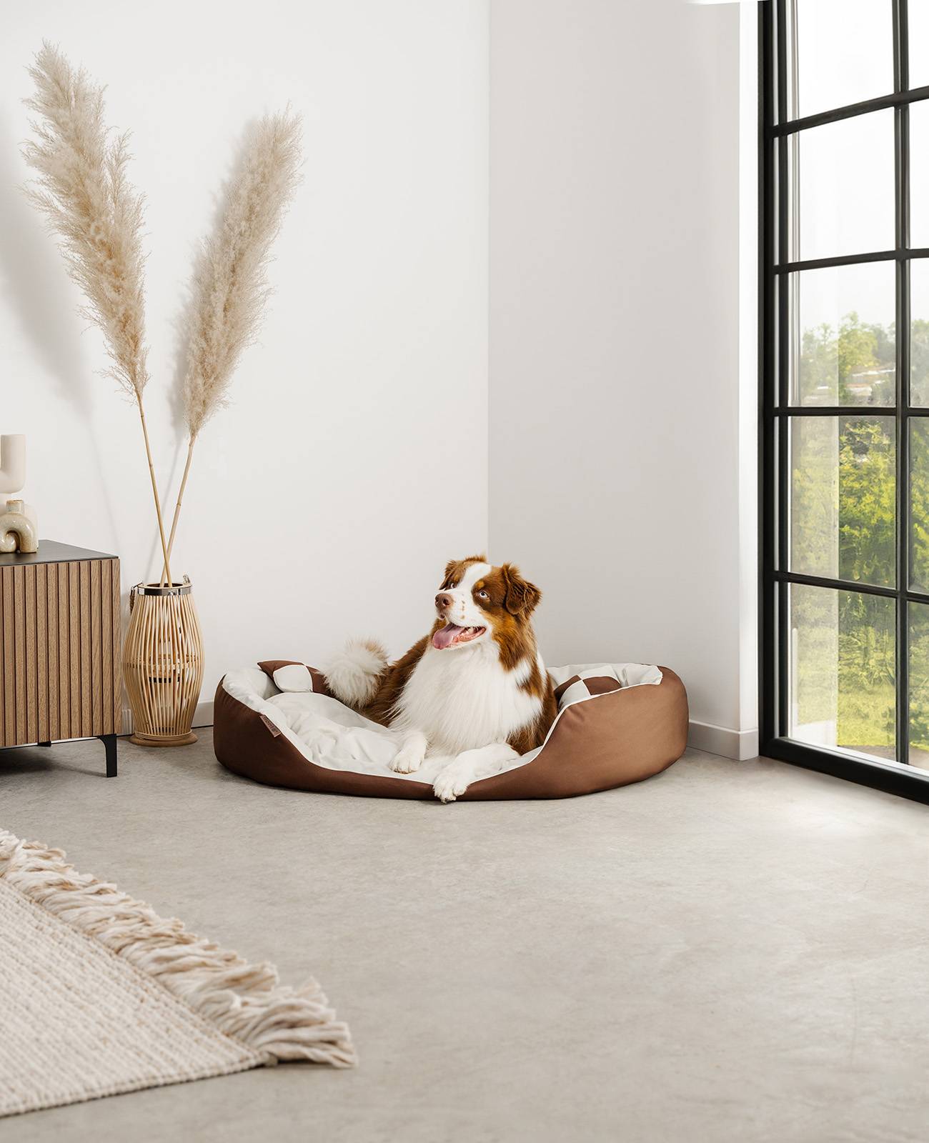 lionto Hundebett, stilvolles 4-in-1 Hundekörbchen, wasserabweisend, kratzfest & pflegeleicht, 110x80 cm, braun/beige