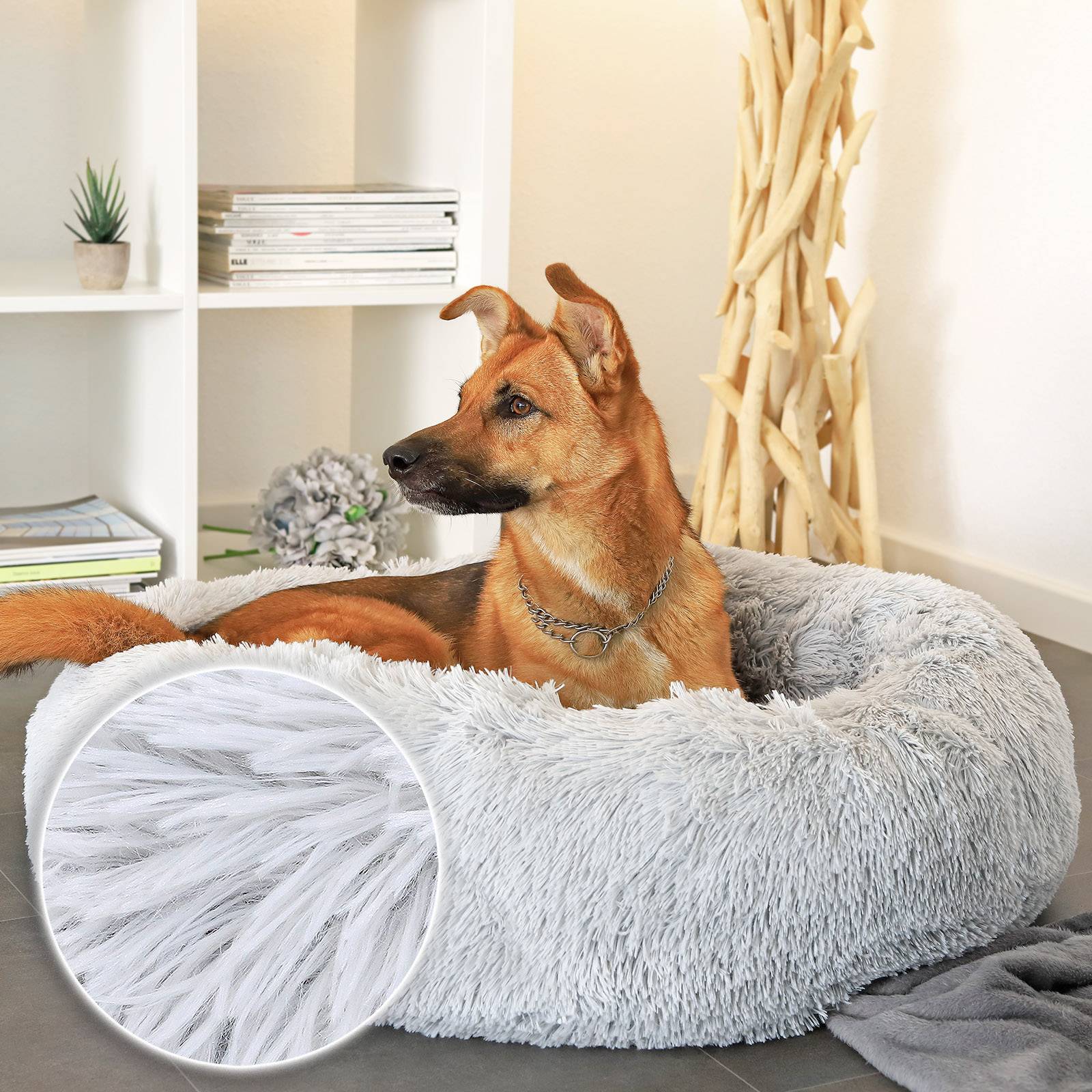 lionto Hundebett aus Plüsch in Donut-Form, 80 cm Durchmesser, hellgrau