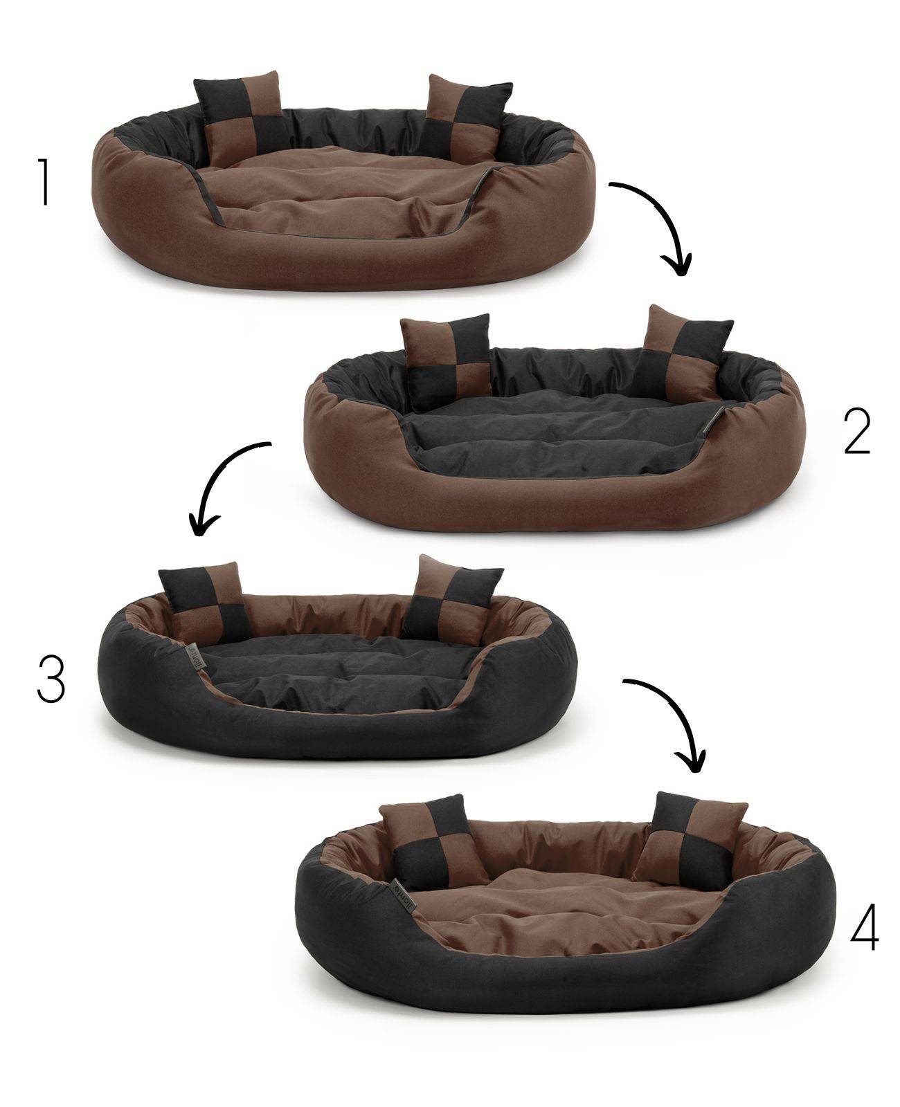lionto Katzenbett, modernes 4-in-1 Bett aus Oxford-Gewebe, wendbar, kratzfest & pflegeleicht, 85x70 cm, schwarz/braun