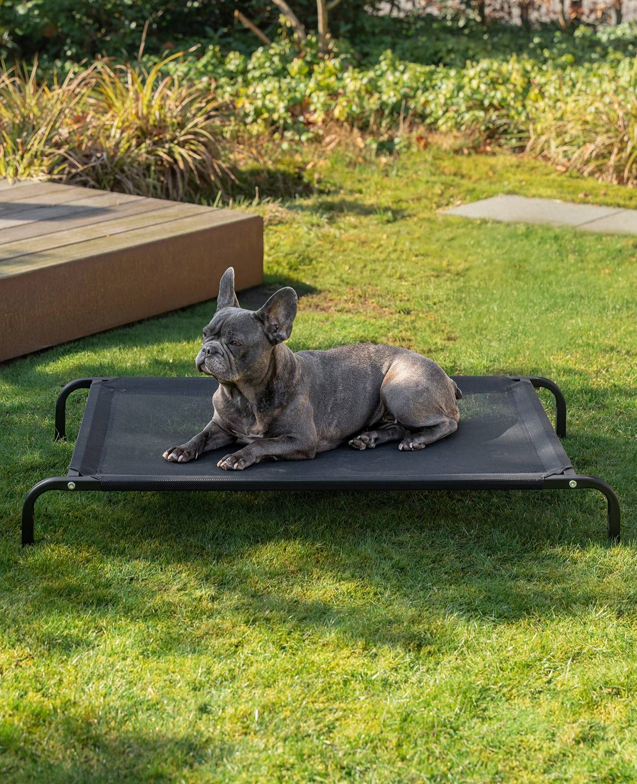 lionto Hundeliege, bequemes Outdoor Hundebett mit Netzgewebe, erhöht, luftig & wetterfest, 106x62 cm, schwarz