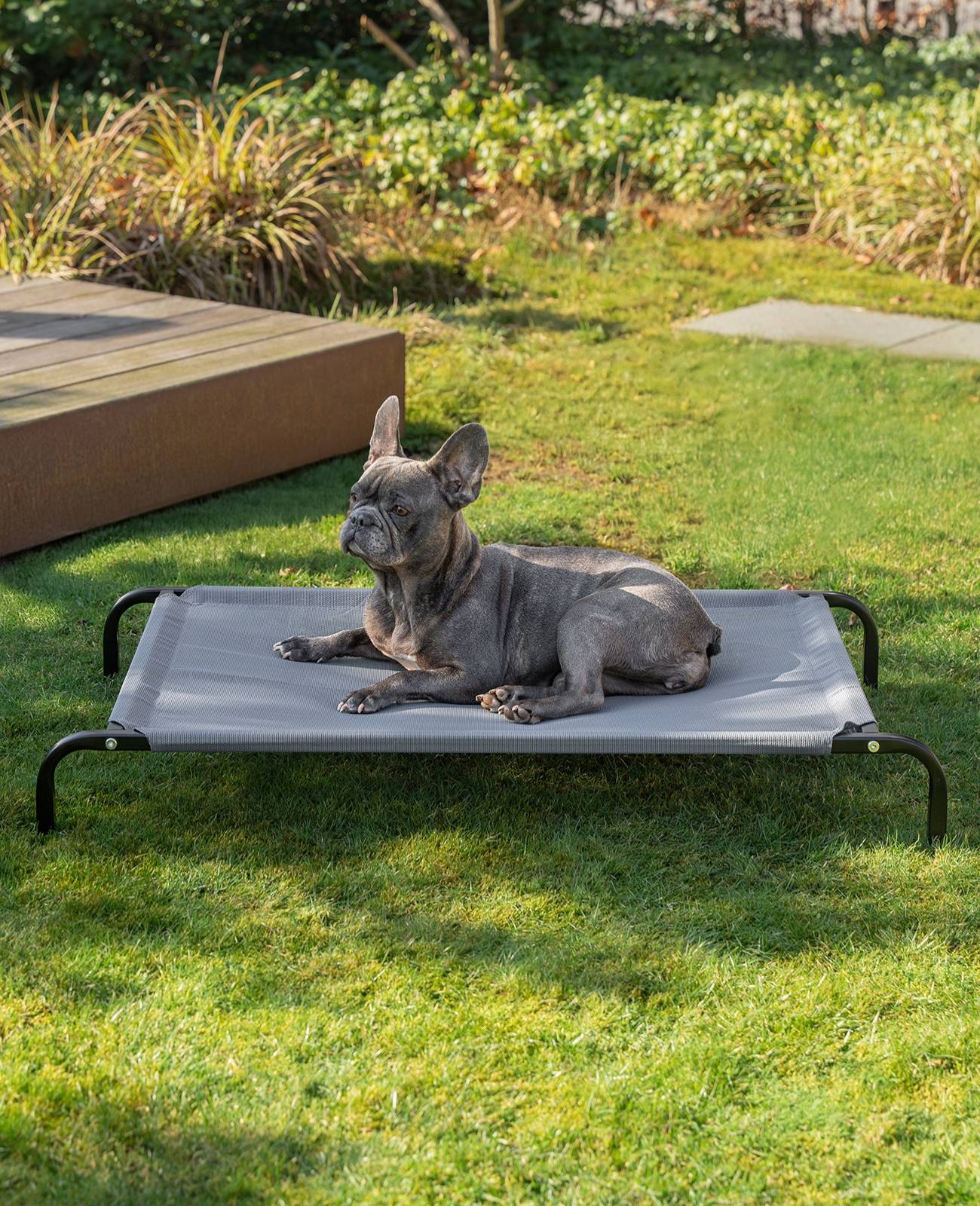 lionto Hundeliege, bequemes Outdoor Hundebett mit Netzgewebe, erhöht, luftig & wetterfest, 106x62 cm, grau