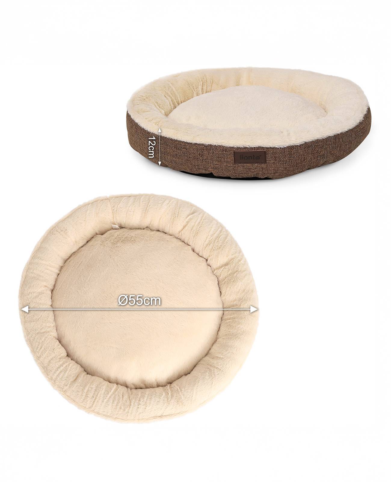 lionto Hundebett in weichem Doughnut-Design mit Plüsch & Anti-Rutsch-Boden, Bezug waschbar, 55 cm Durchmesser, braun