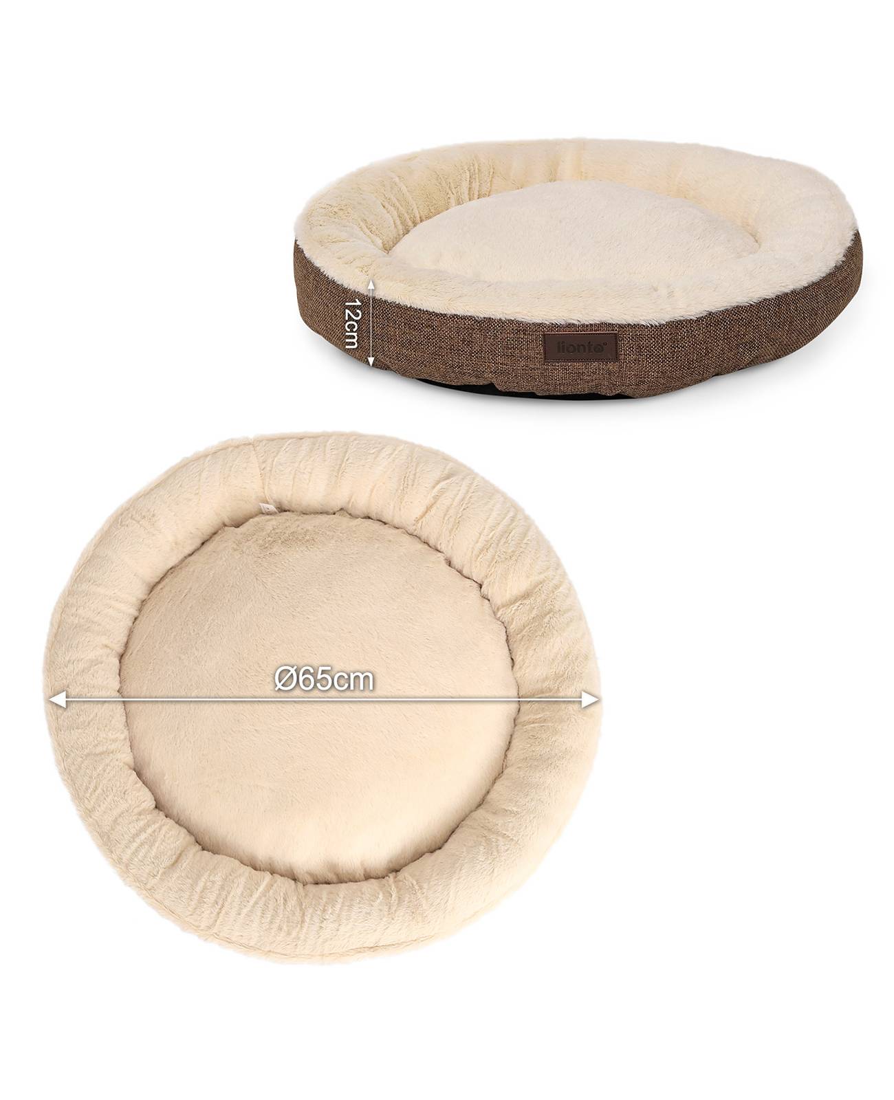lionto Hundebett in weichem Doughnut-Design mit Plüsch & Anti-Rutsch-Boden, Bezug waschbar, 65 cm Durchmesser, braun
