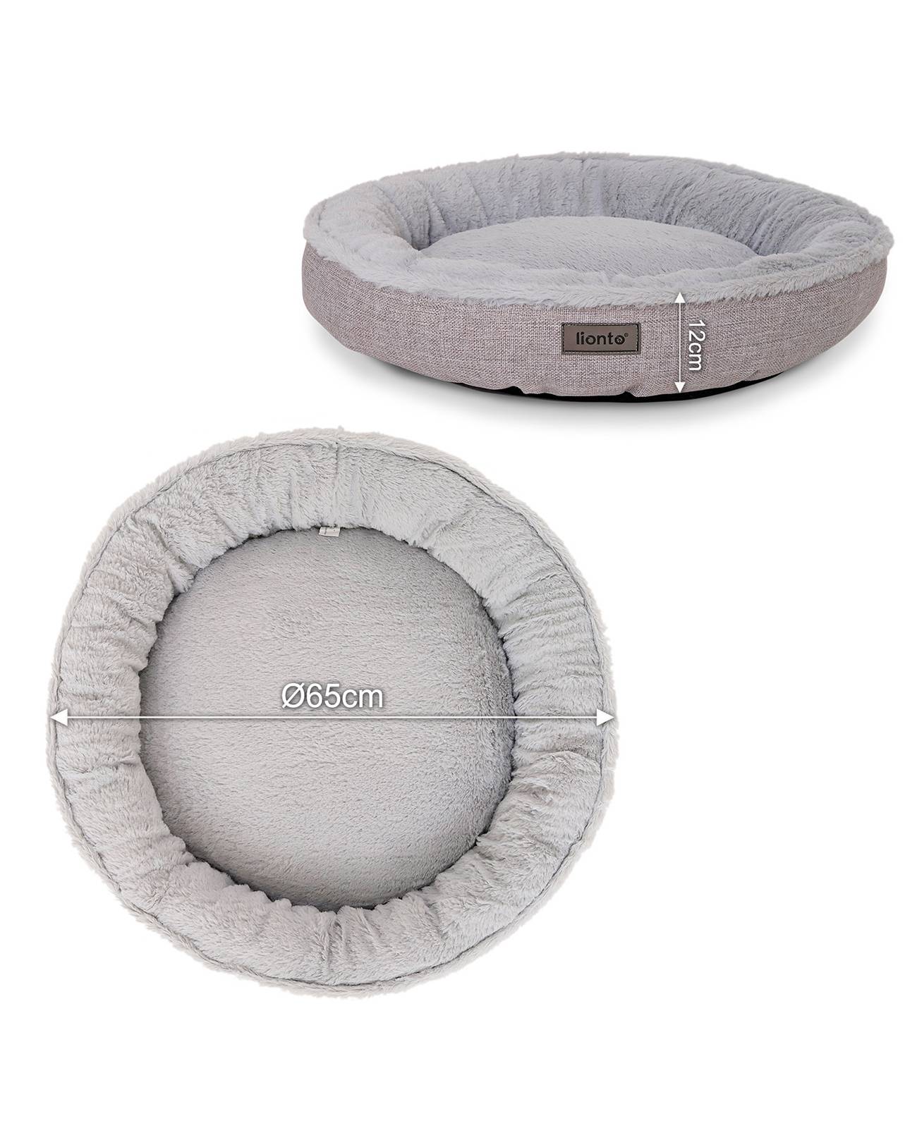 lionto Hundebett in weichem Doughnut-Design mit Plüsch & Anti-Rutsch-Boden, Bezug waschbar, 65 cm Durchmesser, grau