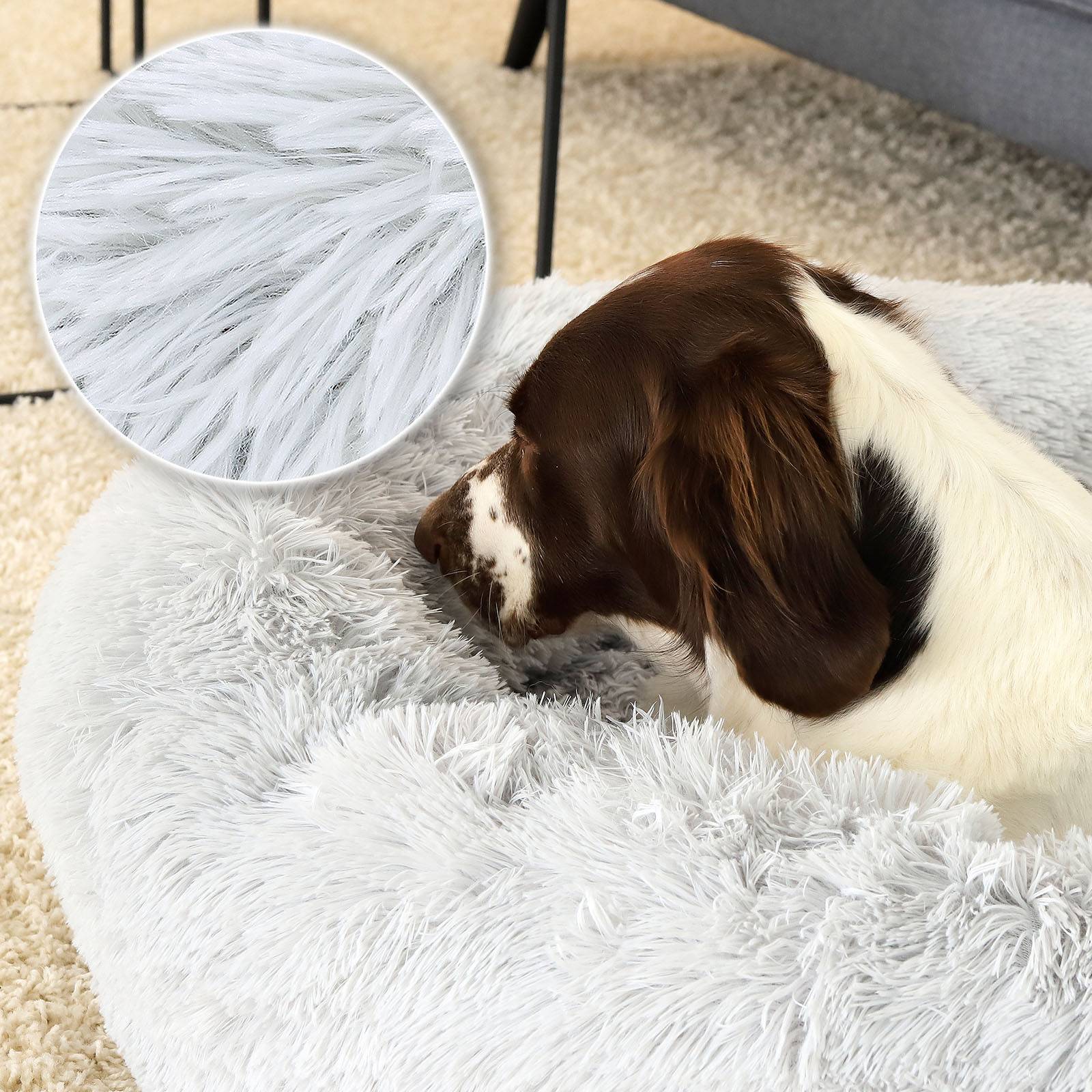 lionto Hundebett aus Plüsch in Donut-Form, 100 cm Durchmesser, hellgrau