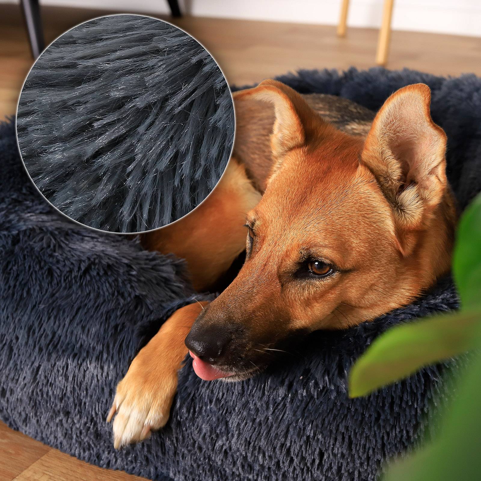 lionto Hundebett aus Plüsch in Donut-Form, 80 cm Durchmesser, dunkelgrau