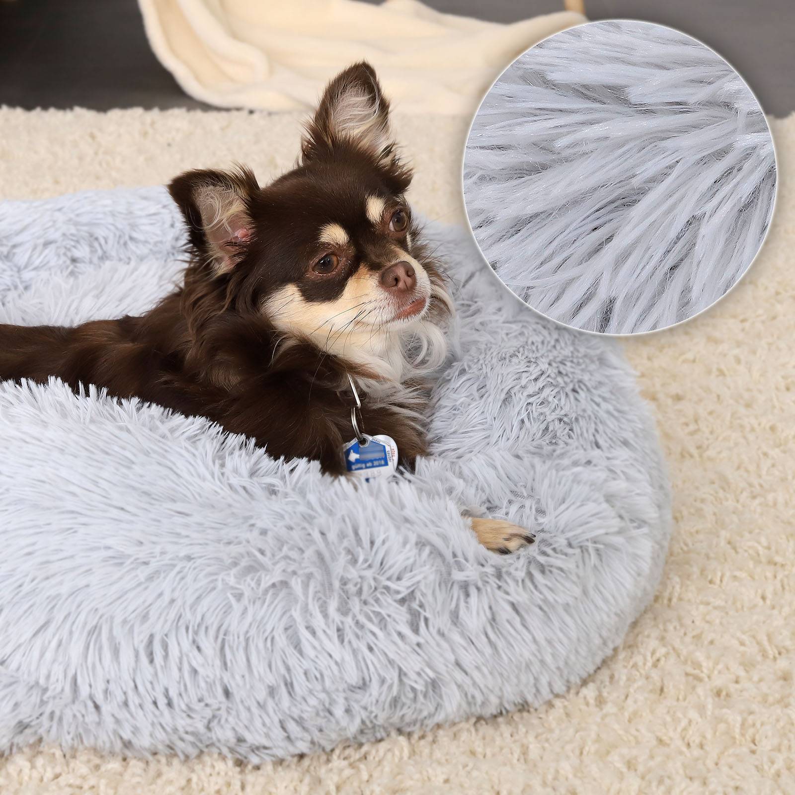 lionto Hundebett aus Plüsch in Donut-Form, 50 cm Durchmesser, hellgrau