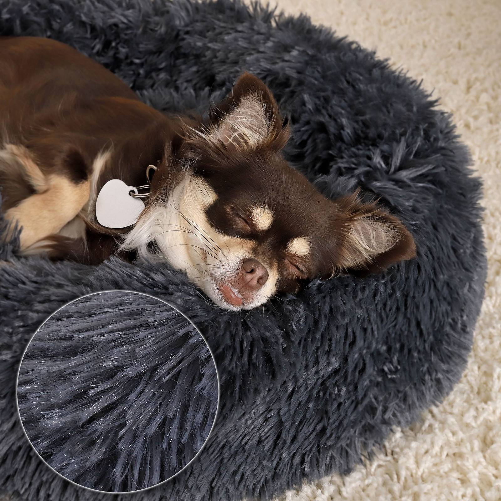 lionto Hundebett aus Plüsch in Donut-Form, 50 cm Durchmesser, dunkelgrau