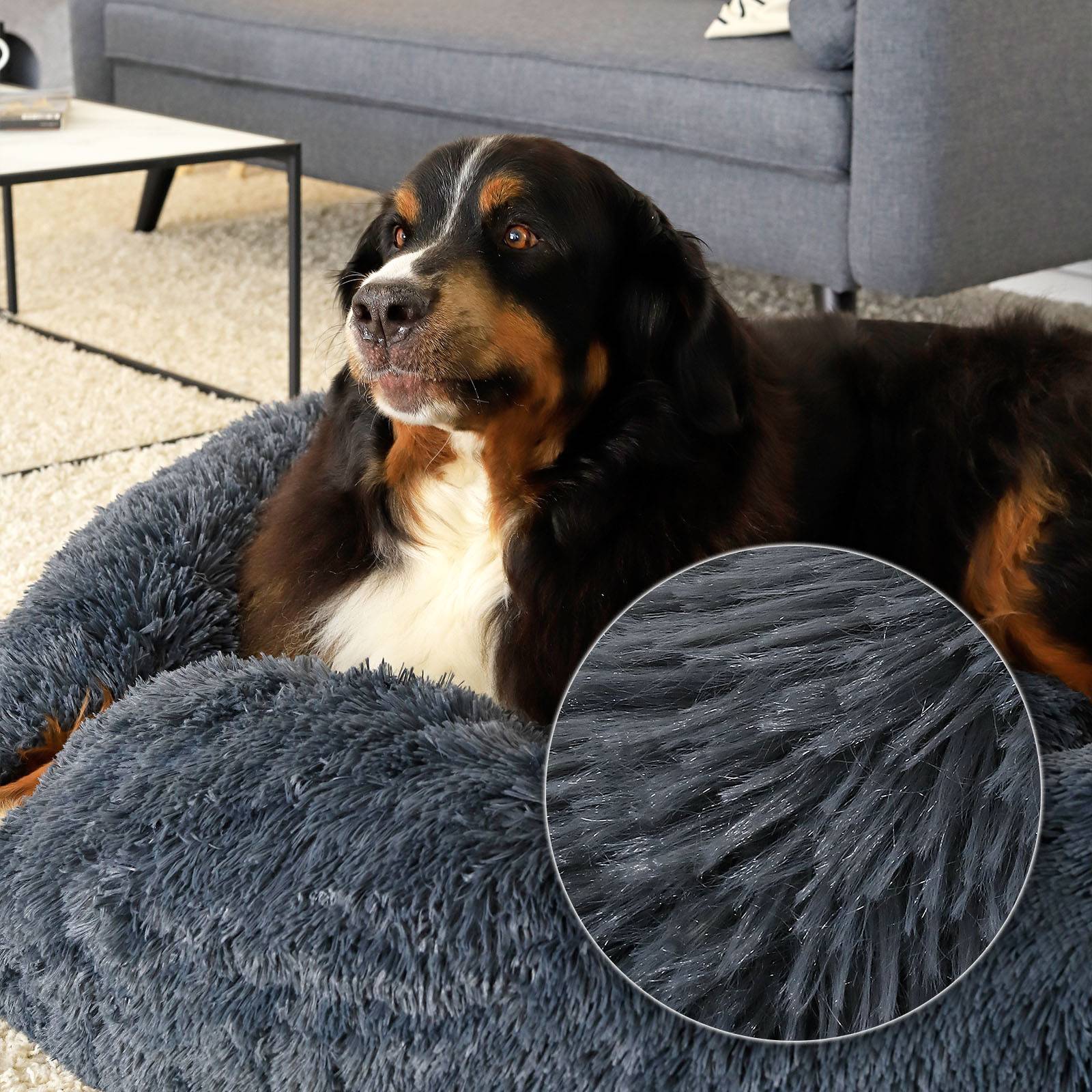lionto Hundebett aus Plüsch in Donut-Form, 120 cm Durchmesser, dunkelgrau