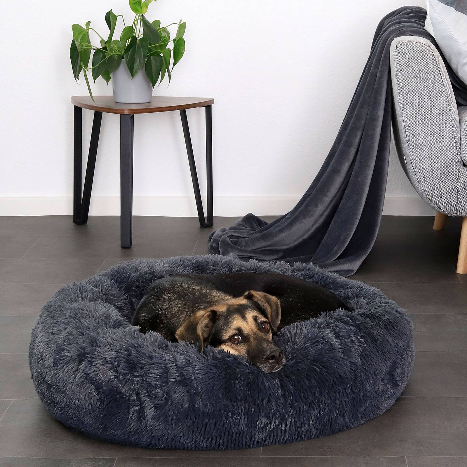 lionto Hundebett aus Plüsch in Donut-Form, 70 cm Durchmesser, dunkelgrau