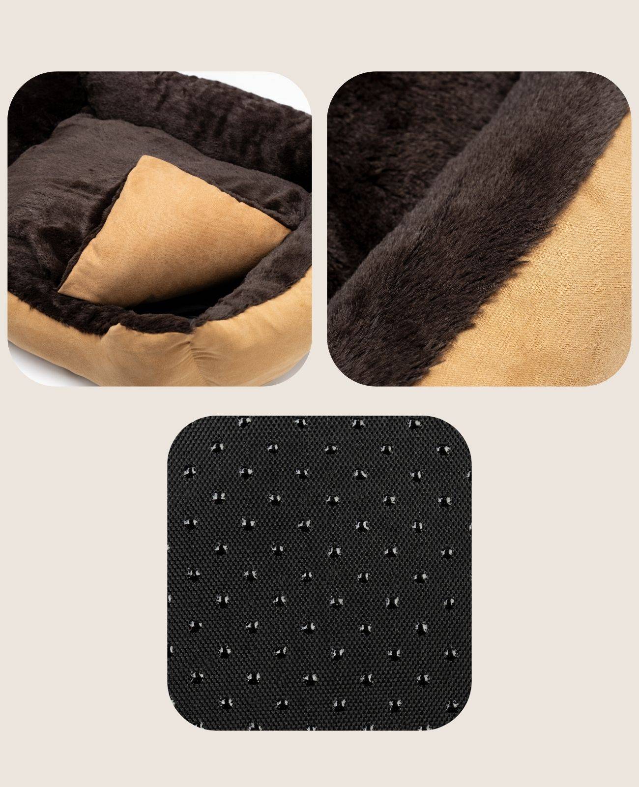 lionto Hundebett, weiches Kuschelbett mit herausnehmbarem Wendekissen & Anti-Rutsch-Boden, 90x70 cm, beige/braun