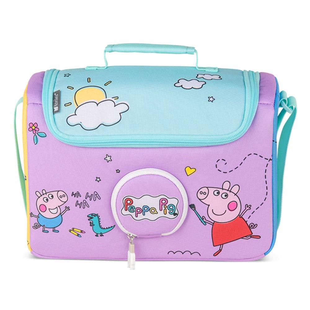 Eine Peppa Pig Kinder-Lunchbox aus Pastell mit Griff, Reißverschluss und Cartoon-Peppa Pig-Charakteren sowie Zeichnungen auf der Vorderseite.