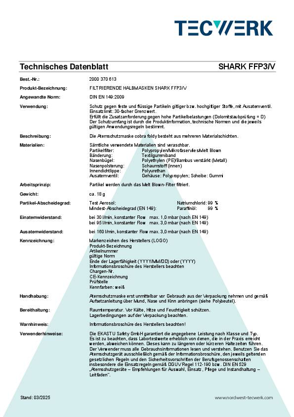 Atemschutzmaske Shark FFP3/V D NR m.Ausatemventil,faltbar TECWERK
