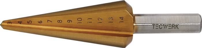 Blechschälbohrer Bohrber.3-14mm HSS TiN Gesamt-L.58mm Z.2 TECWERK
